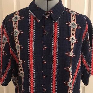 Vat Pave Aztec Southwest Short Sleeved Striped Cool Cotton Shirt Blue Red Siz…